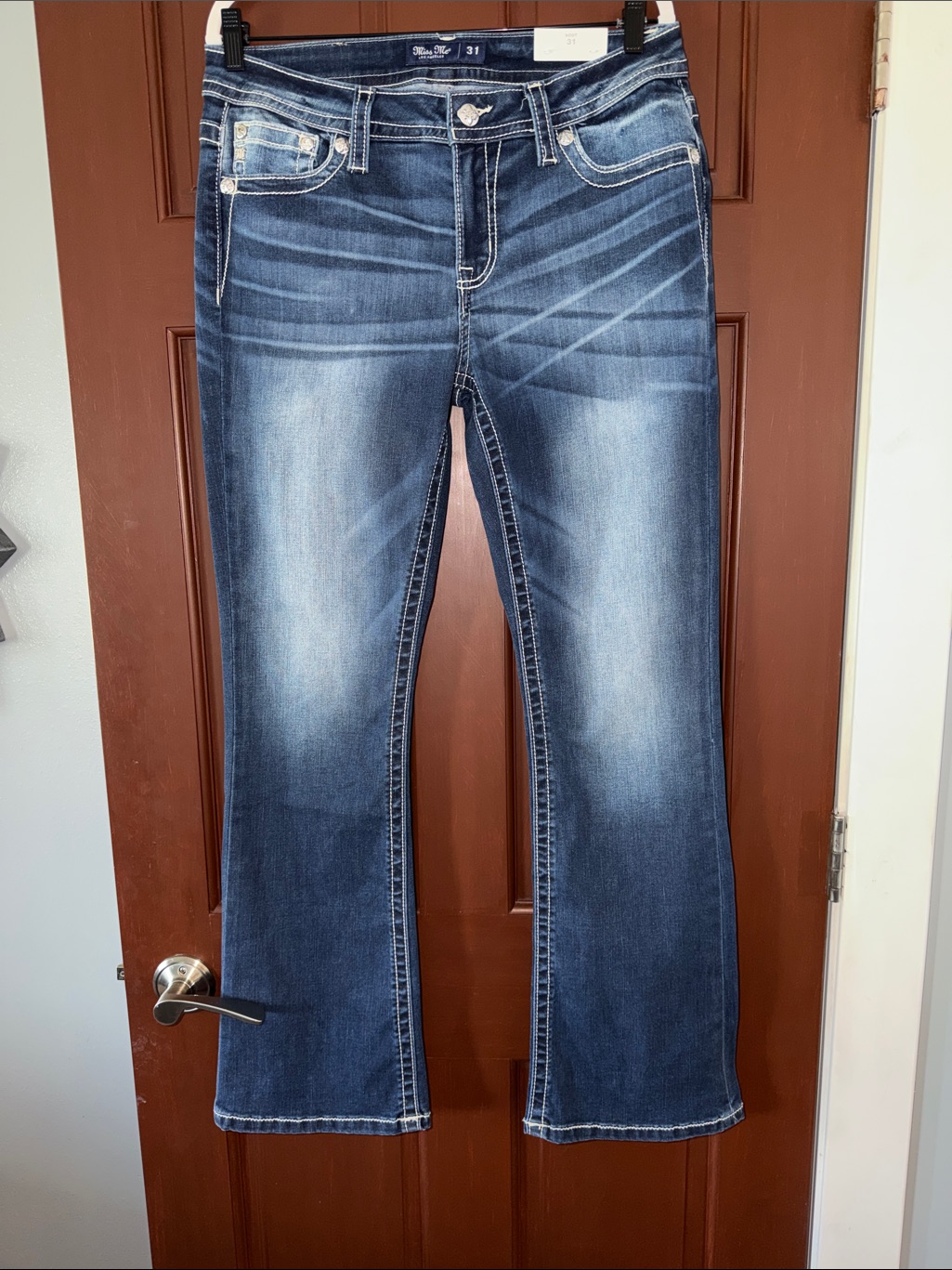 Miss Me Dark Blue Flare Jeans With Whisker Fade
